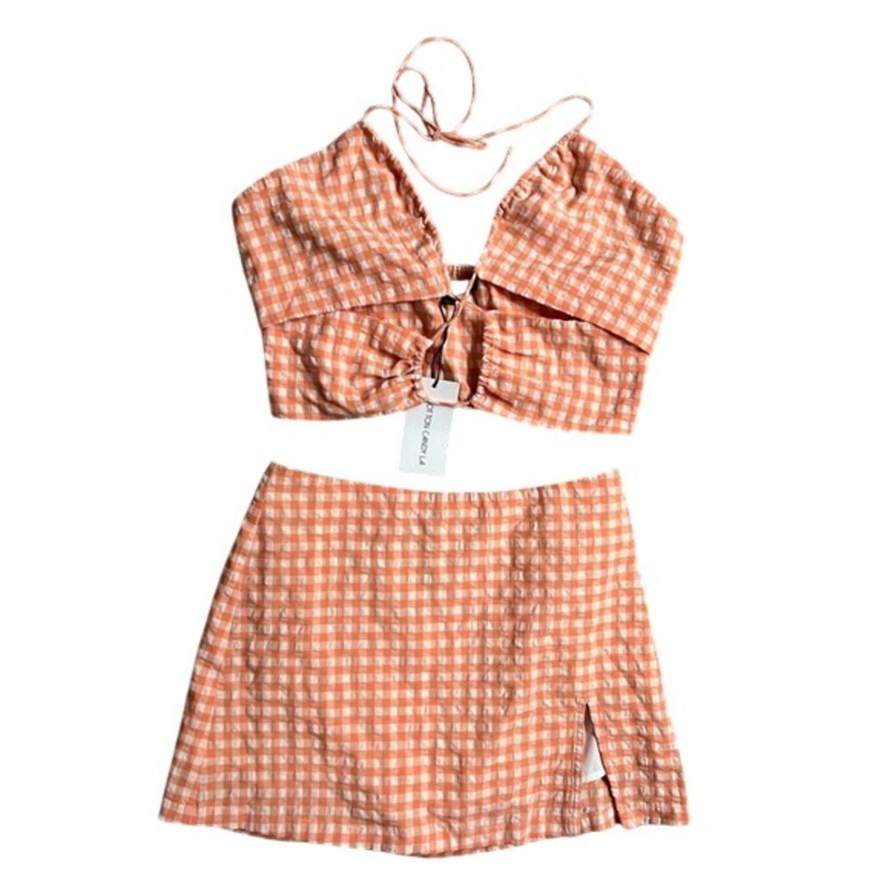 Cotton Candy LA Orange Gingham Two Piece Set Halter Crop Top Mini Skirt Medium